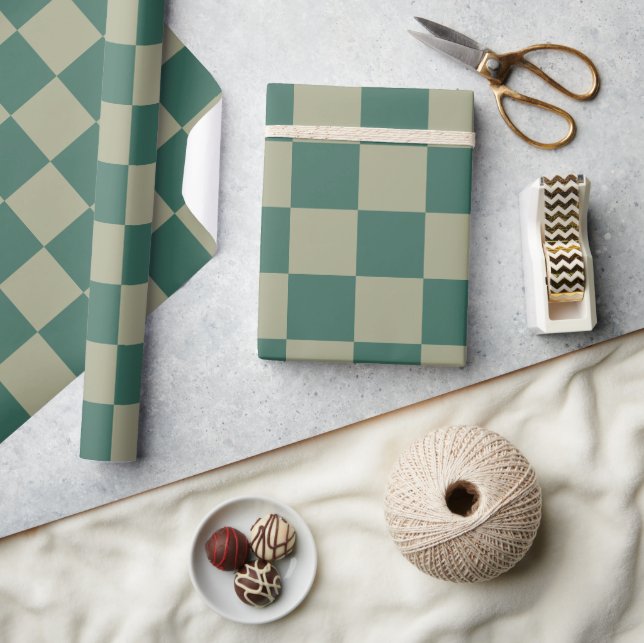 Simple Forest Green and Sage Checkerboard Pattern Wrapping Paper (Crafts)