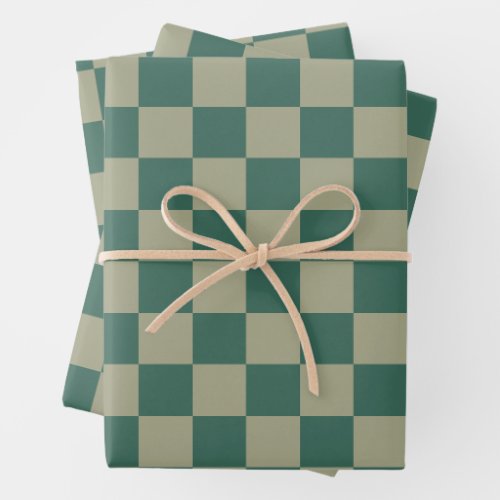 Simple Forest Green and Sage Checkerboard Pattern Wrapping Paper Sheets