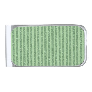 Simple Forest Green Glitter Style Vertical Stripes Silver Finish Money Clip