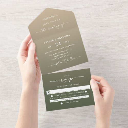 Simple Forest Green  Gold Ombre Wedding All In One Invitation