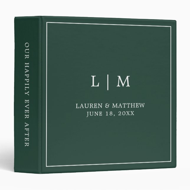 Simple Forest Green Monogram Elegant Wedding 3 Ring Binder (Front/Spine)