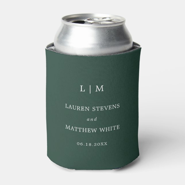 Simple Forest Green Monogram Elegant Wedding Can Cooler (Can Front)