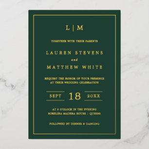 Simple Forest Green Monogram Elegant Wedding Foil Invitation