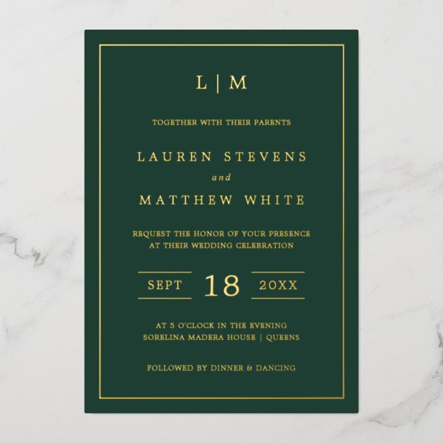 Simple Forest Green Monogram Elegant Wedding Foil Invitation (Front)