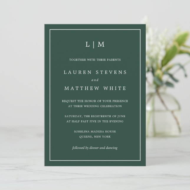 Simple Forest Green Monogram Elegant Wedding Invitation (Standing Front)