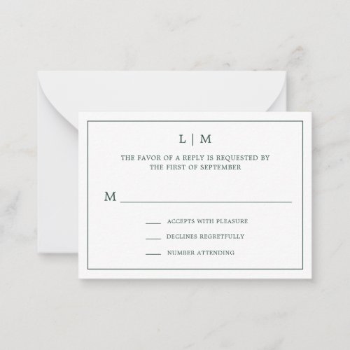 Simple Forest Green Monogram Mini Wedding RSVP Note Card