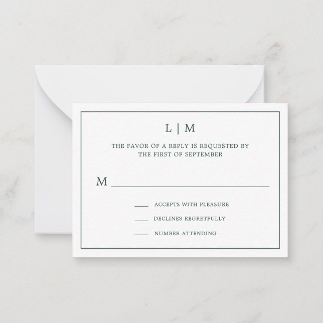 Simple Forest Green Monogram Mini Wedding RSVP Note Card (Front)