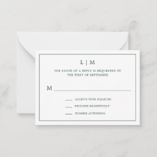 Simple Forest Green Monogram Mini Wedding RSVP Note Card