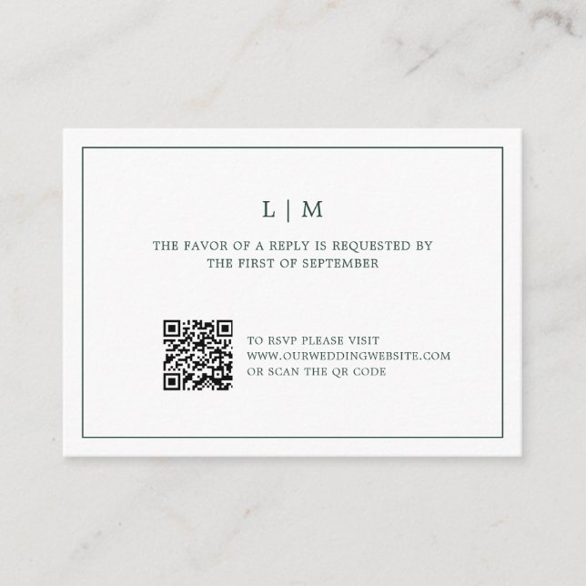 Simple Forest Green Monogram QR Code Wedding RSVP Note Card (Front)