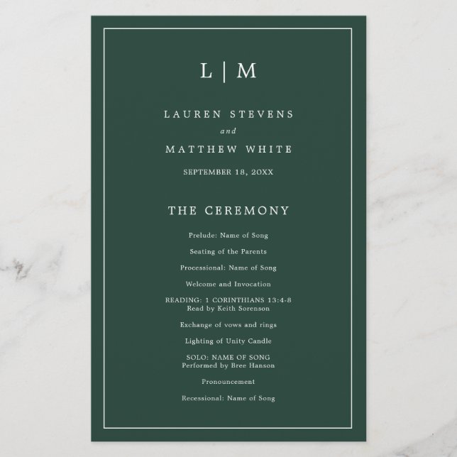 Simple Forest Green Monogram Wedding Program Flyer (Front)