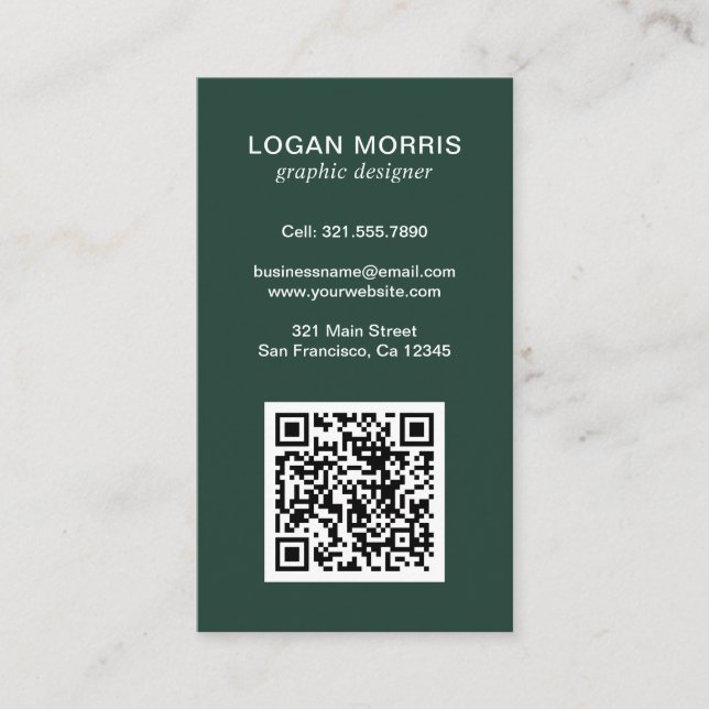 Simple Forest Green QR Code Modern Business Card (Front)