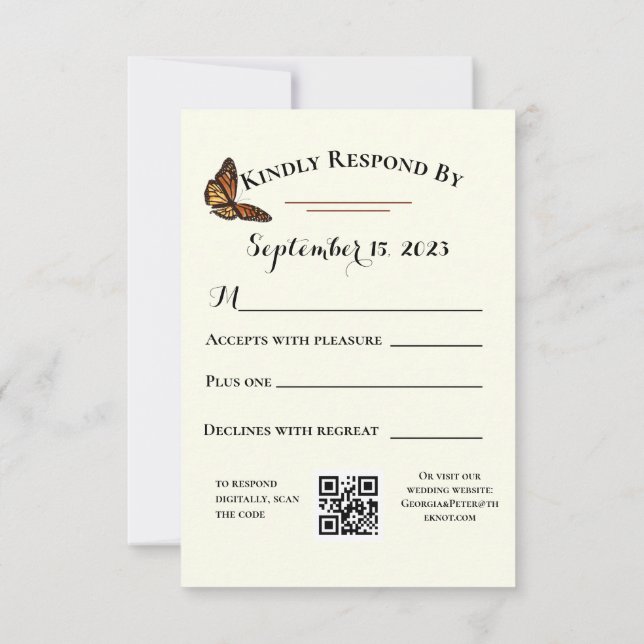 Simple Forest Green RSVP with Monarch Butterfly QR Card (Back)