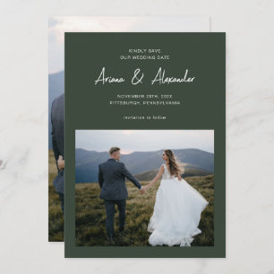 Simple Forest Green Script Photo Wedding Save The Date