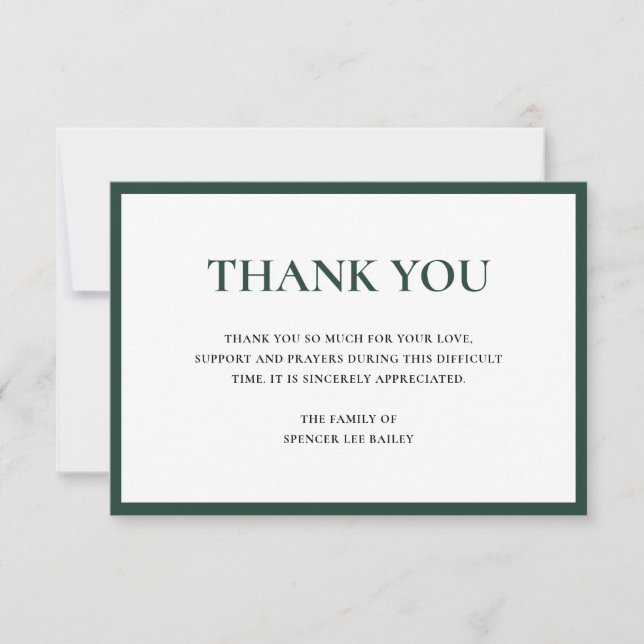 Simple Forest Green Traditional Sympathy Funeral Thank You Card (Front)
