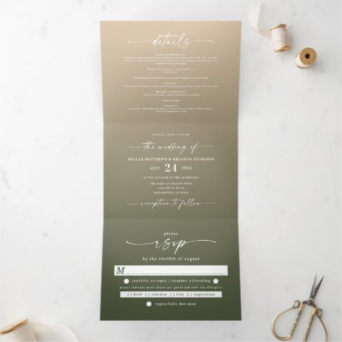 Simple Forest Green  Yellow Gold Ombre Wedding Tri_Fold Invitation