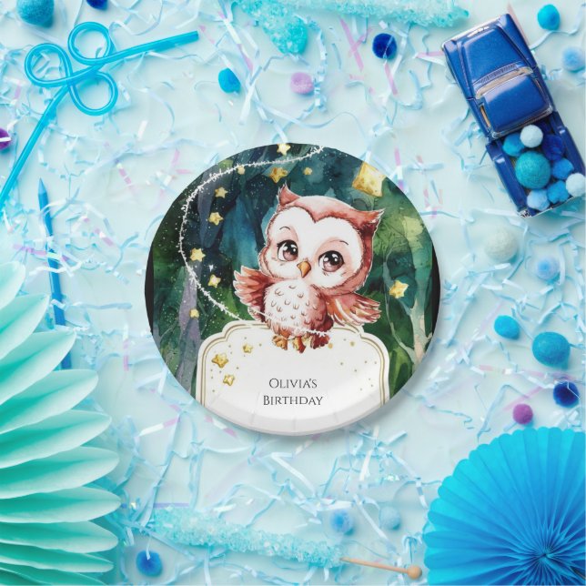 Simple Forest Owl Birthday Paper Plates (Party)
