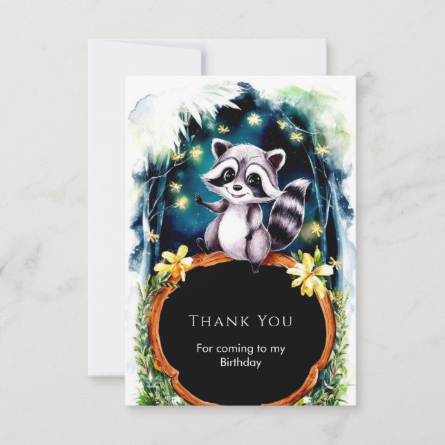 Simple Forest Raccoon Birthday  Thank You Card (Front)