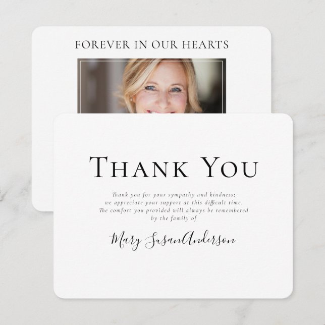 Simple Forever in Our Hearts Photo Memorial Thank You Card (Front/Back)