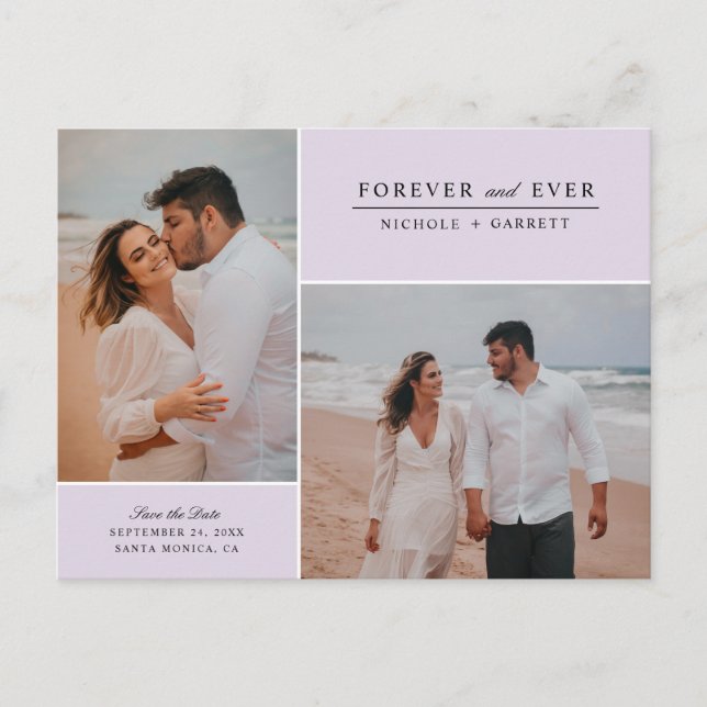 Simple Forever Two Photo Save the Date | Lilac Announcement Postcard (Front)