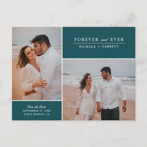 Simple Forever Two Photo Save the Date  Teal Announcement Postcard