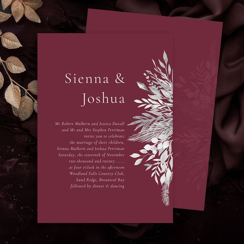 Simple Formal Burgundy Grey Botanical Wedding Invitation