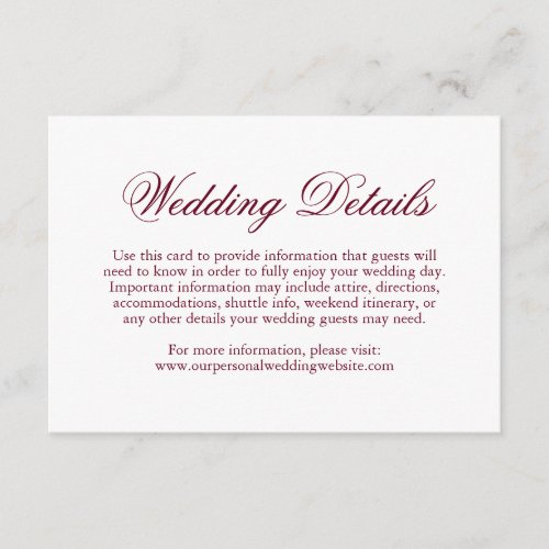 Simple Formal Elegant Details Burgundy Wedding Enclosure Card