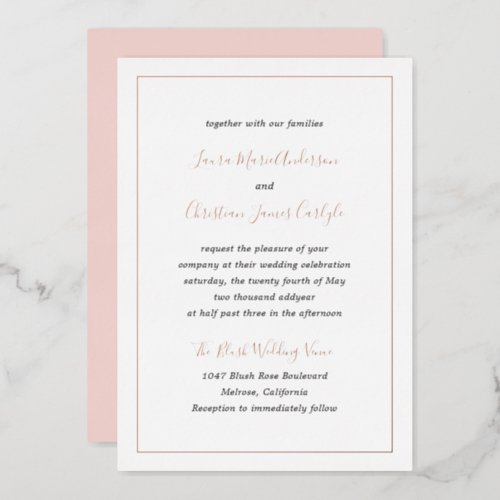 Simple Formal Elegant Pink Blush Wedding Rose Gold Foil Invitation
