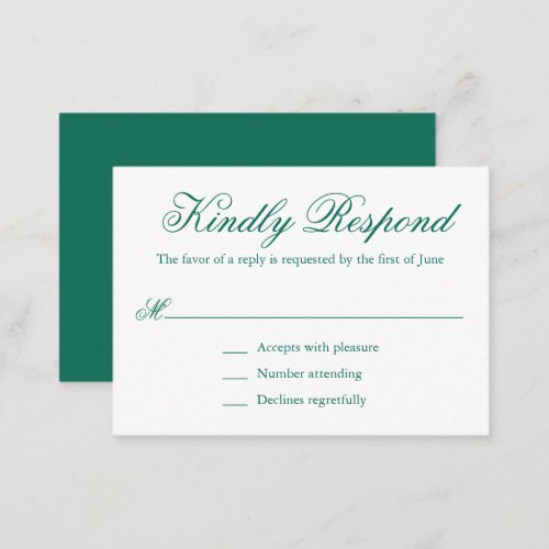 Simple Formal Emerald Green Wedding Mini RSVP Card