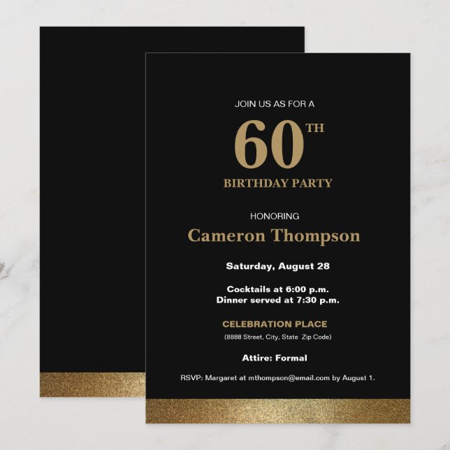 Simple Formal Gold Black 60th birthday Invitation (Front/Back)