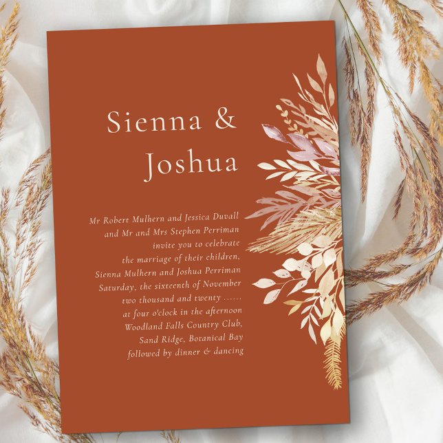 Simple Formal Terracotta Cream Botanical Wedding Invitation (Terracotta wedding invitation with fall foliage and elegant combo of modern and formal wording)