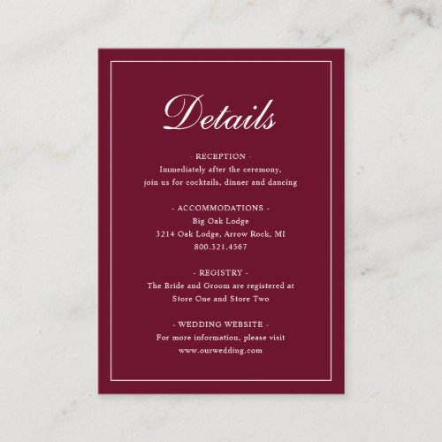 Simple Formal Traditional Elegant Burgundy Wedding Enclosure Card