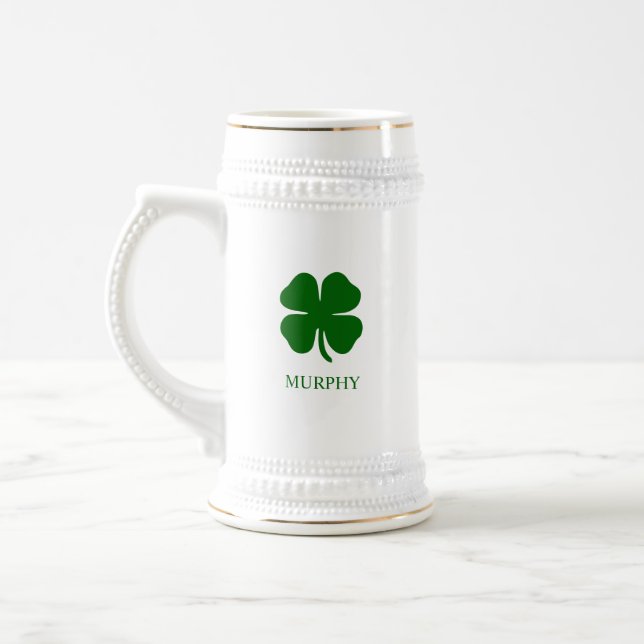 Simple Four Leaf Clover Green Shamrock Irish Beer Stein (Left)
