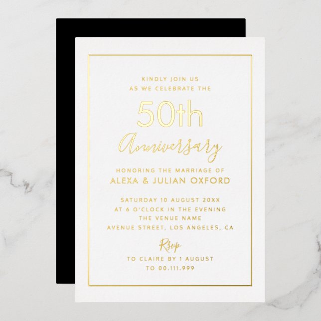 simple frame 50th anniversary gold foil invitation (Front/Back)