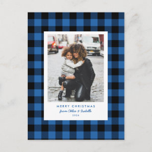 Simple Frame Blue Buffalo Plaid Christmas Photo Postcard