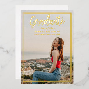 Simple Frame Gold Script Photo Graduation  Foil In Invitation