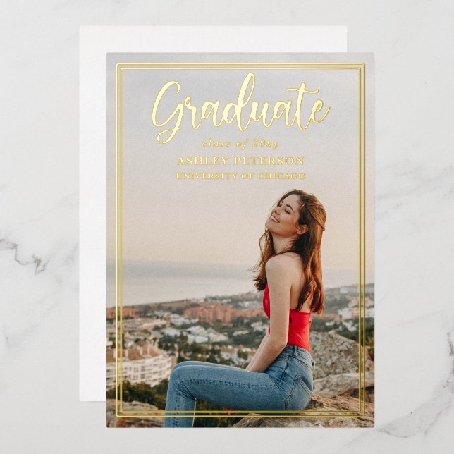 Simple Frame Gold Script Photo Graduation  Foil In Invitation (Front/Back)
