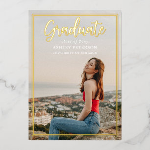 Simple Frame Gold Script Photo Graduation Foil Invitation