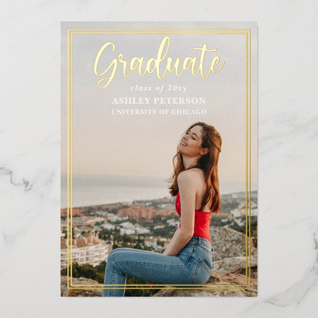 Simple Frame Gold Script Photo Graduation  Foil Invitation (Front)