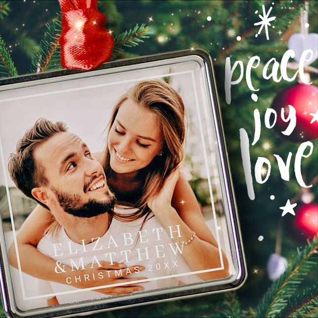 Simple Frame Modern Chic Couple Photo Holiday Metal Ornament (Creator Uploaded)