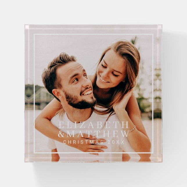 Simple Frame Modern Chic Couple Photo Holiday Paperweight (Front)