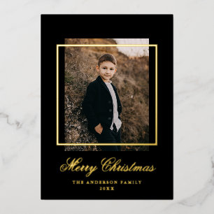 Simple Frame Photo Black and Gold Foil Holiday Card