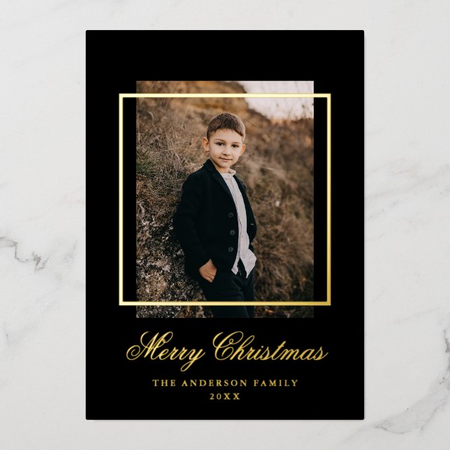 Simple Frame Photo Black and Gold Foil Holiday Card (Front)