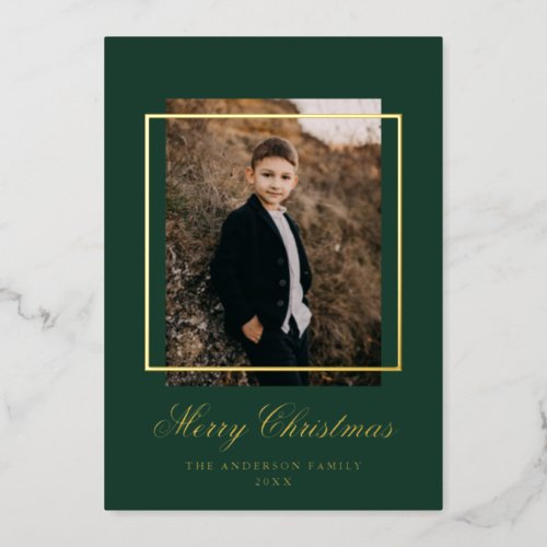 Simple Frame Photo Green and Gold Foil Holiday Card
