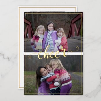 Simple Frame Script Handwritten Cheer 3 Photos Foil Holiday Card by XmasMall at Zazzle