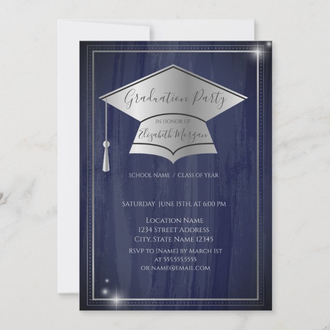 Simple Frame Silver Graduation Cap,Blue Graduation Invitation (Front)