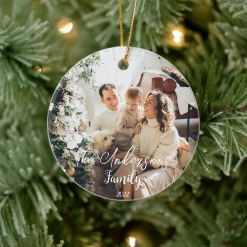 Simple Frame Typography Family Photo Christmas  Ceramic Ornament