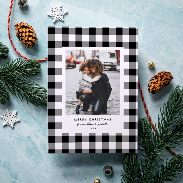 Simple Frame White Buffalo Plaid Christmas Photo Holiday Card (Creator Uploaded)