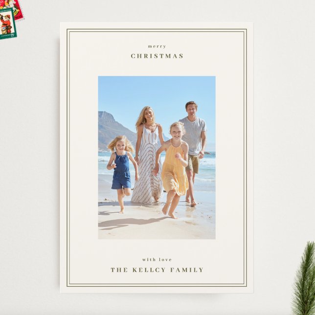 Simple Frames Moss Green on Beige Photo Christmas Holiday Card (Creator Uploaded)