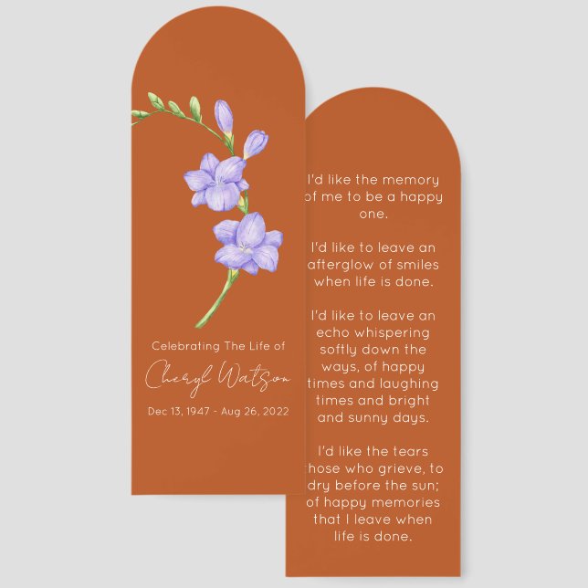 Simple Freesia Funeral Memorial Bookmark (Front & Back)