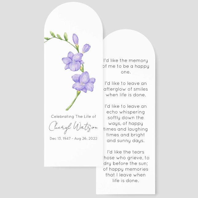 Simple Freesia Funeral Memorial Bookmark (Front & Back)